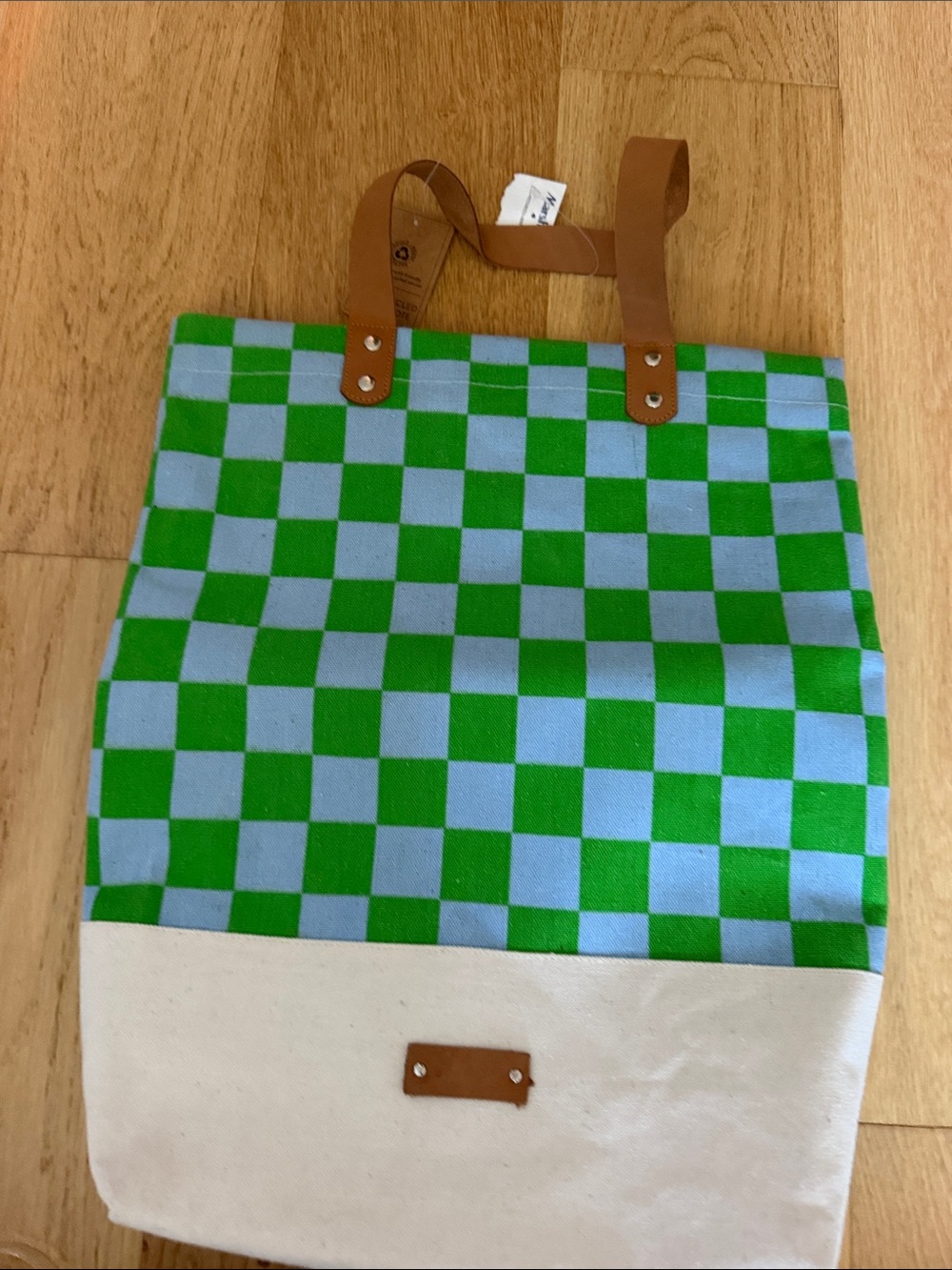 Canvas Tote Bag with Green and Light Blue Checker Pattern